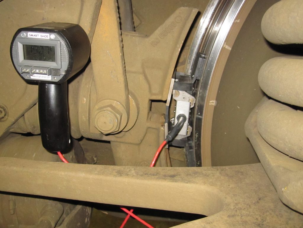 Force measurement device applied to block brake shoe and the locomotive wheel